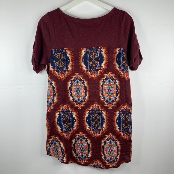 Anthropologie Meadow Rue Size S Tunic Top Burgundy Solvo Roll Tab Printed Blouse - Picture 7 of 7